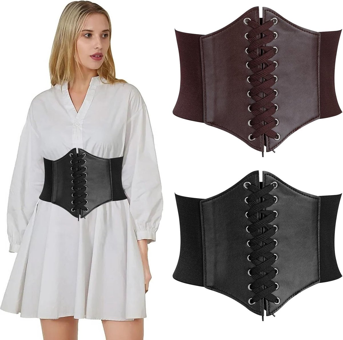 Brede elastische tailleriem, 2 stuks, Tied Waspieriem, elegant veterkorset, elastische brede band voor vrouwen, jurken, zwart + koffie, zwart en bruin., 60-84cm