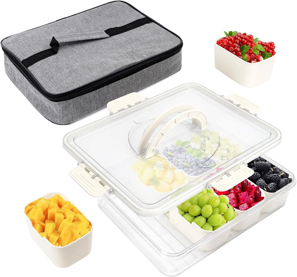 dienblad, draagbare snack-organizer met deksel en handgreep, voedselcontainer van kunststof met 8 afneembare vakken voor het bewaren van fruit, snacks, snoep, groenten, noten