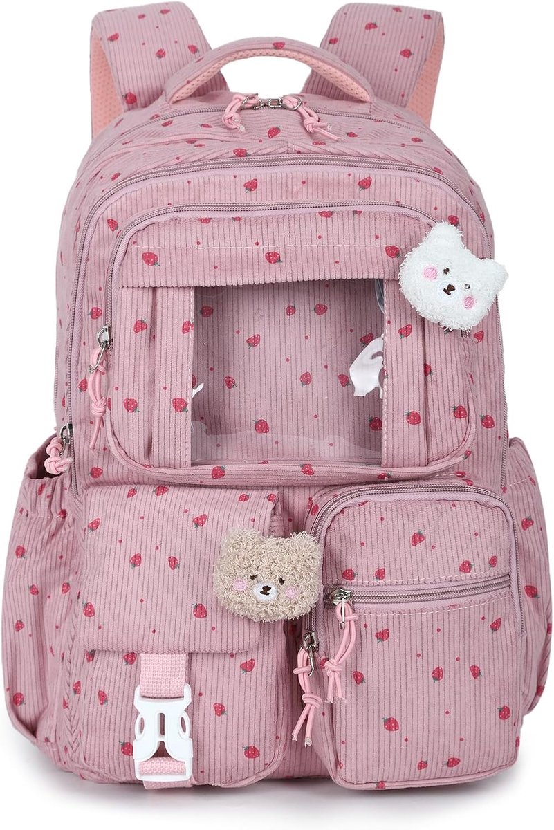 Corduroy rugzak met aardbeienpatroon voor meisjes, schattige schoolrugzak met grote capaciteit, casual reisrugzak, meerdere zakken met cartoonbadge, Roze