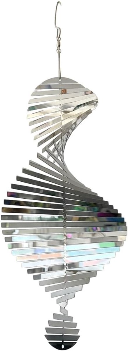 3D roestvrijstalen windgong hangend, reflecterende windspiraal voor vogelafweer voor balkon en tuin, weerbestendige tuindecoratie, 55 x 6 cm, zilveren windmolen voor buiten en binnenplaats, 1 stuk