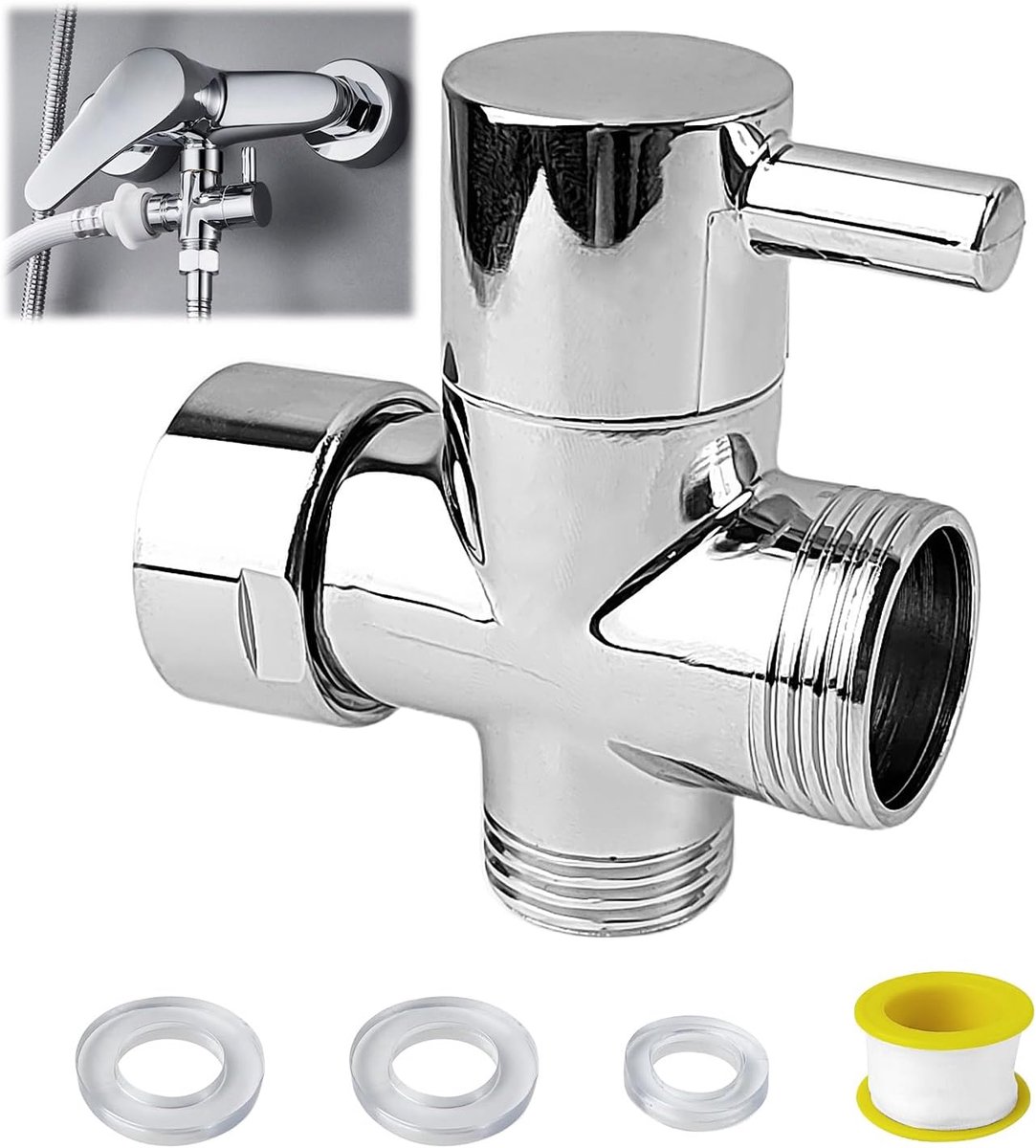 3-weg ventiel G3/4 inch, omschakelventiel douche, 3-weg omschakelventiel, massief messing, sanitairventiel, douchesysteem, reserveonderdeel, voor toiletten, badkamer, keuken (zilver)