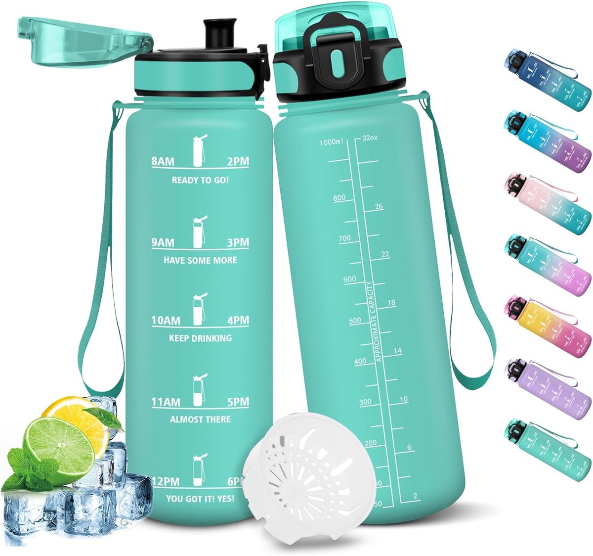 Drinkfles, 1000 ml, met tijdmarkeringen, motiverende fles, lekvrij, sportfles, fitnessfles, waterfles, waterfles voor school, camping, yoga, kantoor