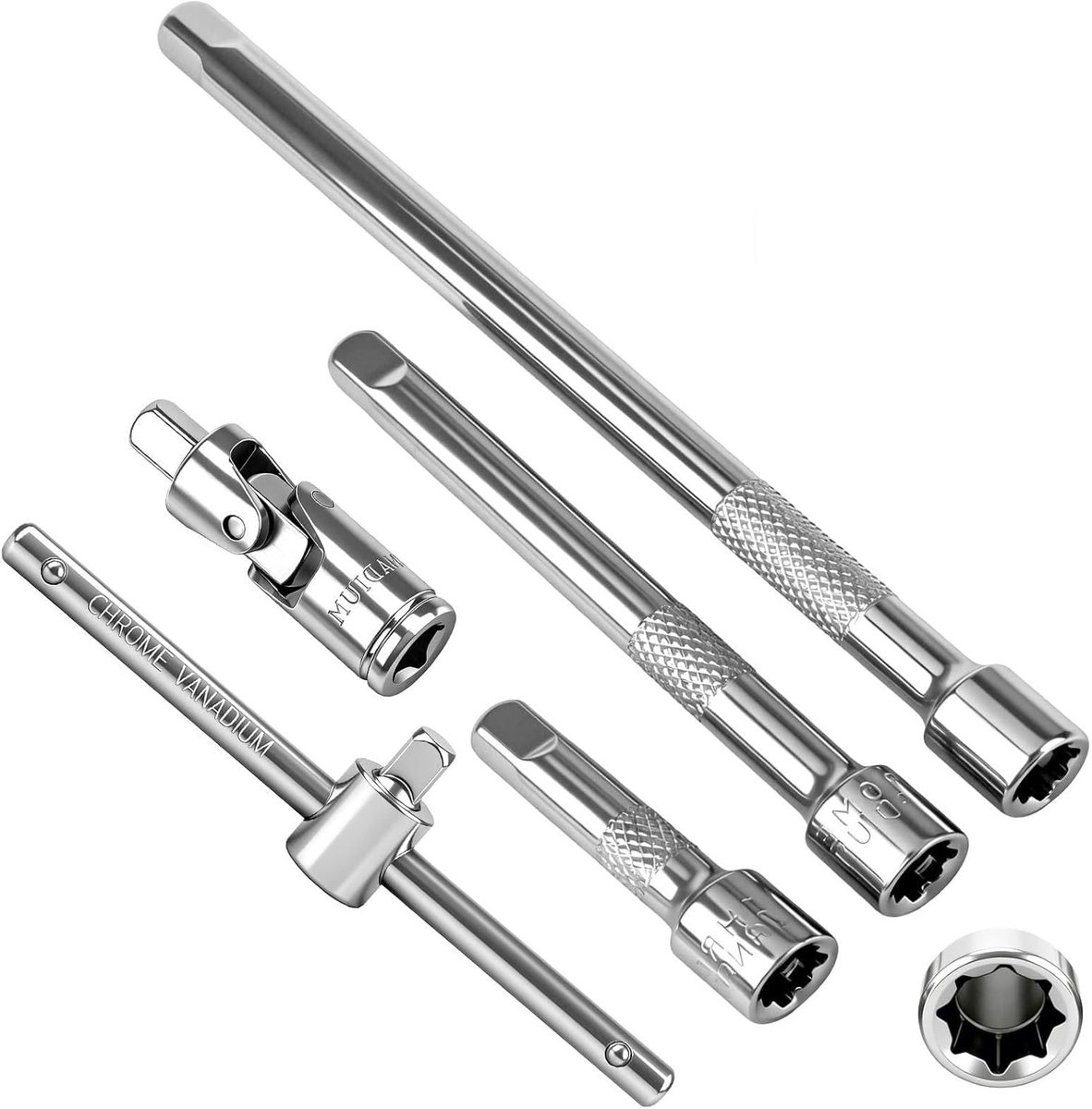 3-delige steeksleutel set met 1/4 inch verlengstukken van 50mm, 100mm en 150mm voor montage en demontage werkzaamheden met 90° hoek en glijdende handgreep