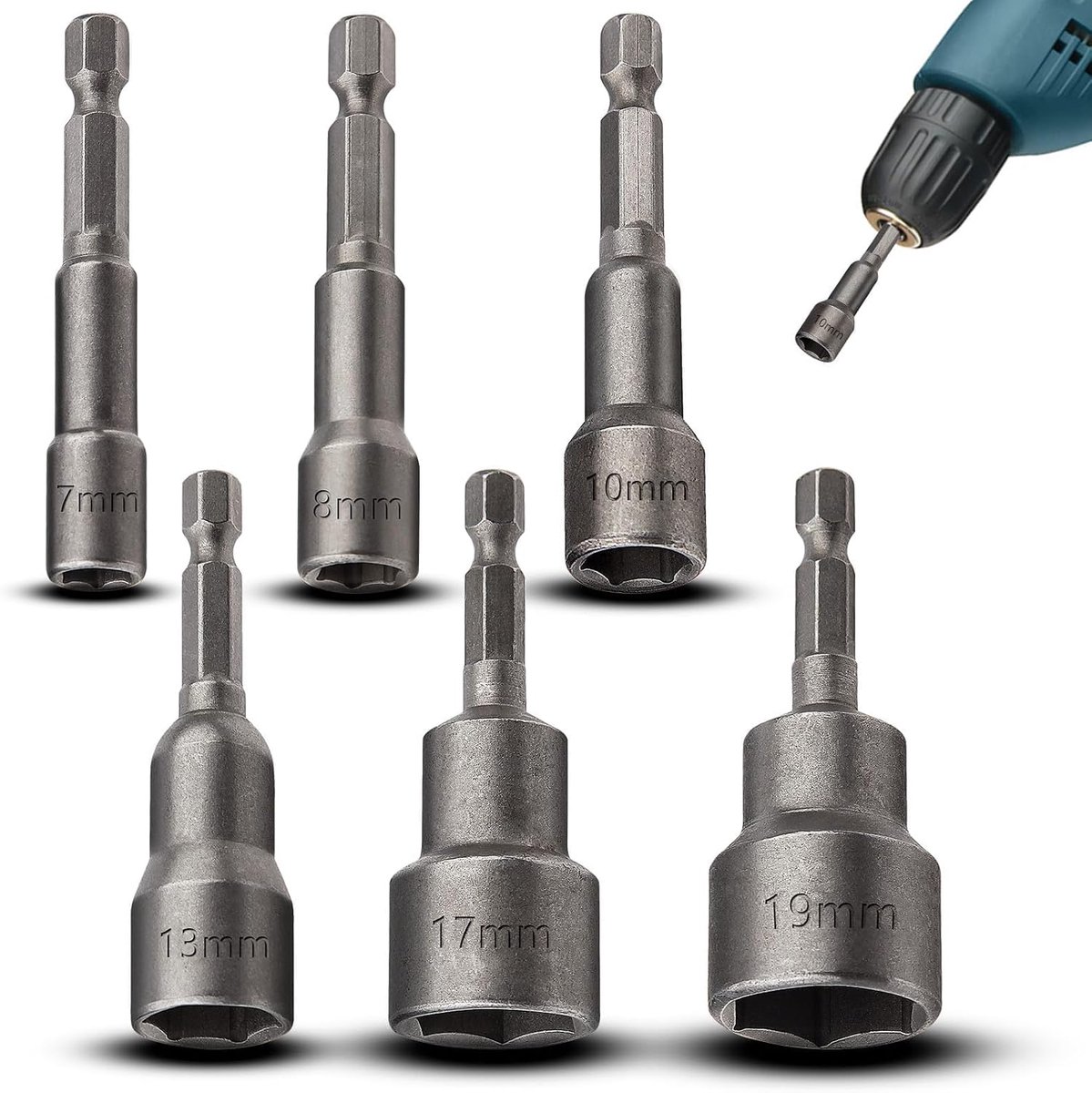 bitset, 6-delig, magnetische steeksleutel, 7-19 mm, moersleutel, dopsleuteladapter, 1/4 inch dopsleuteladapter, dopsleutelinzet voor dopsleutel, accuschroevendraaier