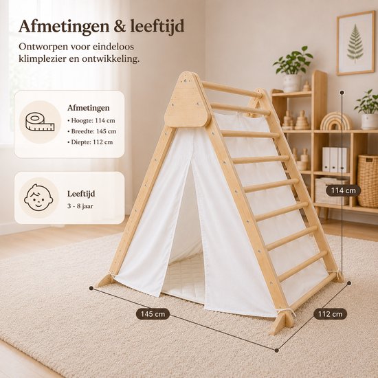 Maxx kidz - Houten Klimrek- 2 in 1 - Pikler Speeltoestel voor Binnen en Buiten - Tipi tent - Klimdriehoek met Doek - Tipi tent met klimrek - Hout Peuter Speelgoed van Maxx Kidz — afbeelding 4