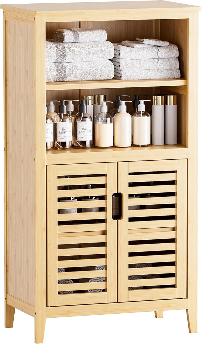 Badkamerkast met dubbele deuren - Bamboe - Ruime opbergruimte - Perfect voor badkamer en keuken - SnelShoppen