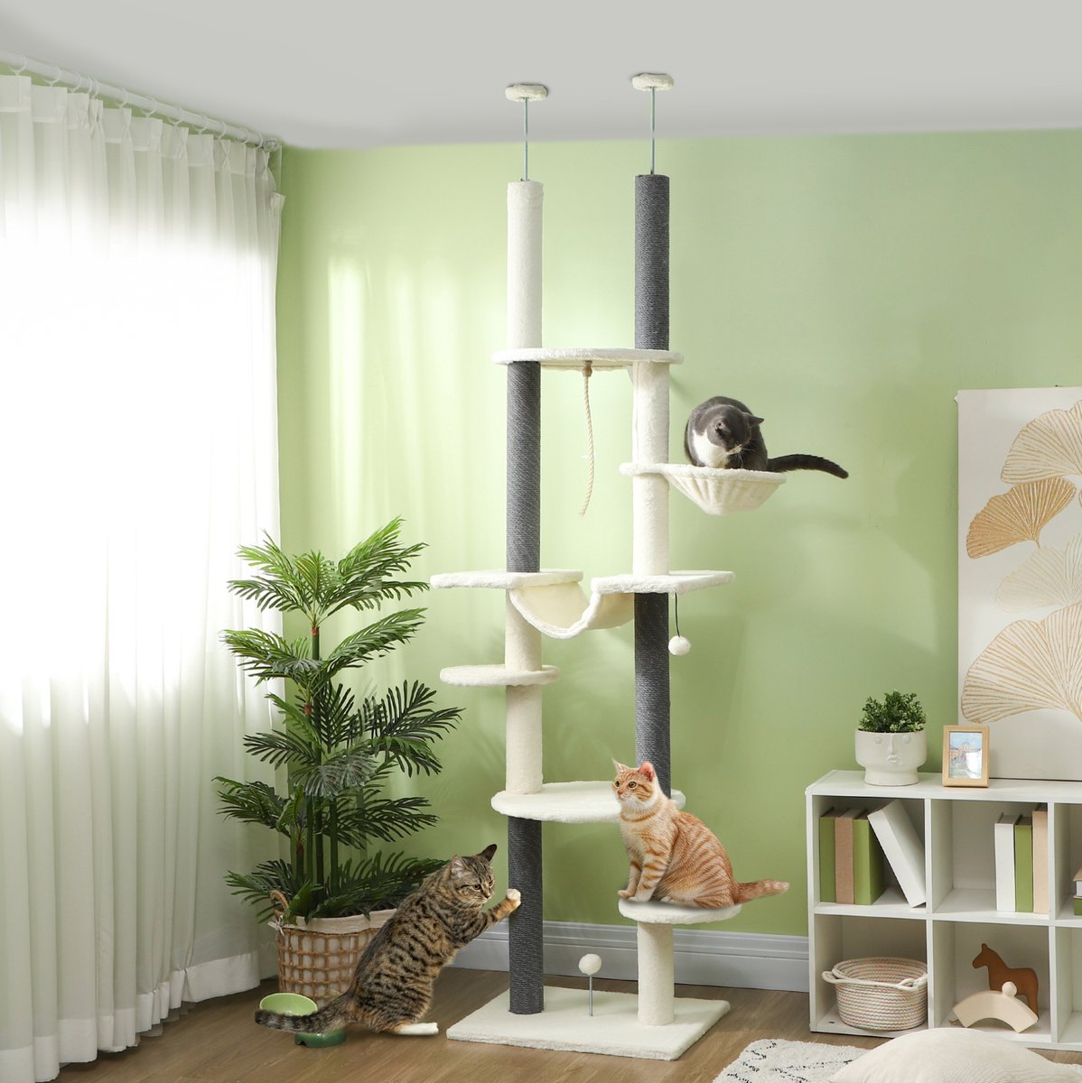 REDOM - Krabpaal - Verstelbare hoogte 225-255 cm - Deckenhoog ontwerp - Met 2 hangmatten en krabstammen - Pluche - Woonkamer - Wit - 60 x 44 x 225-255 cm