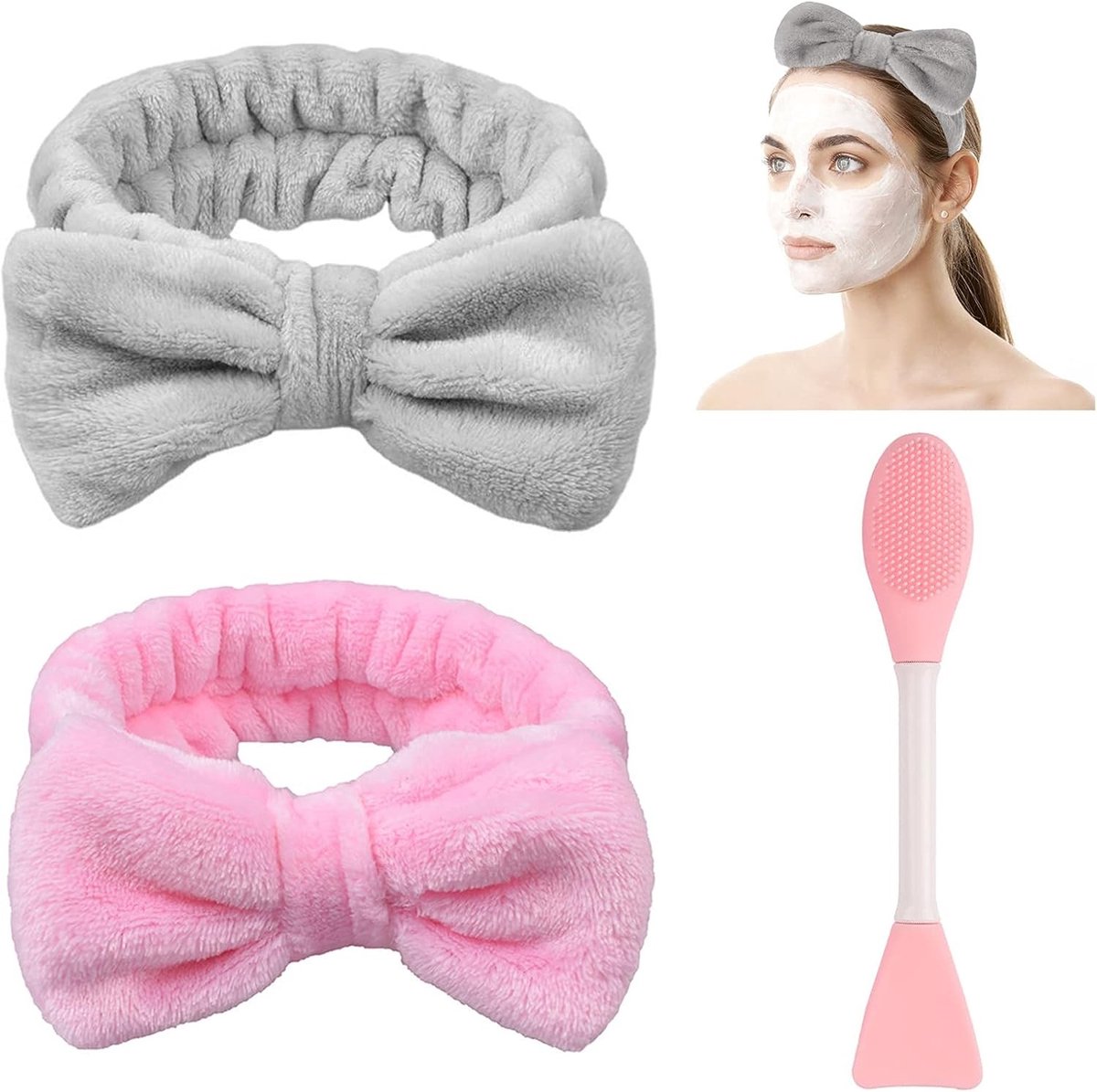 Set van 2 Haarbanden met Strik en 1 Dubbelzijdige Siliconen Borstel voor Gezichtsreiniging, Make-up en Douche (Grijs, Roze)