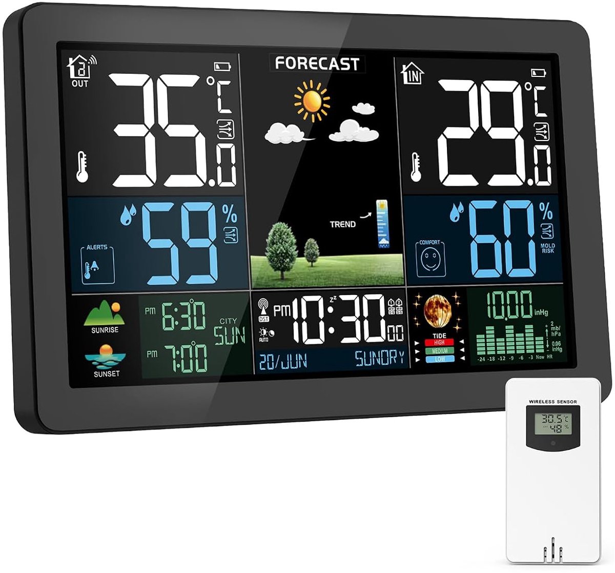 weerstation met buitensensor, kleurendisplay, weersvoorspelling, temperatuur, luchtvochtigheid, wekker met sluimerfunctie, luchtdruk, 60 m overdrachtsafstand, voor binnen en buiten, zwart