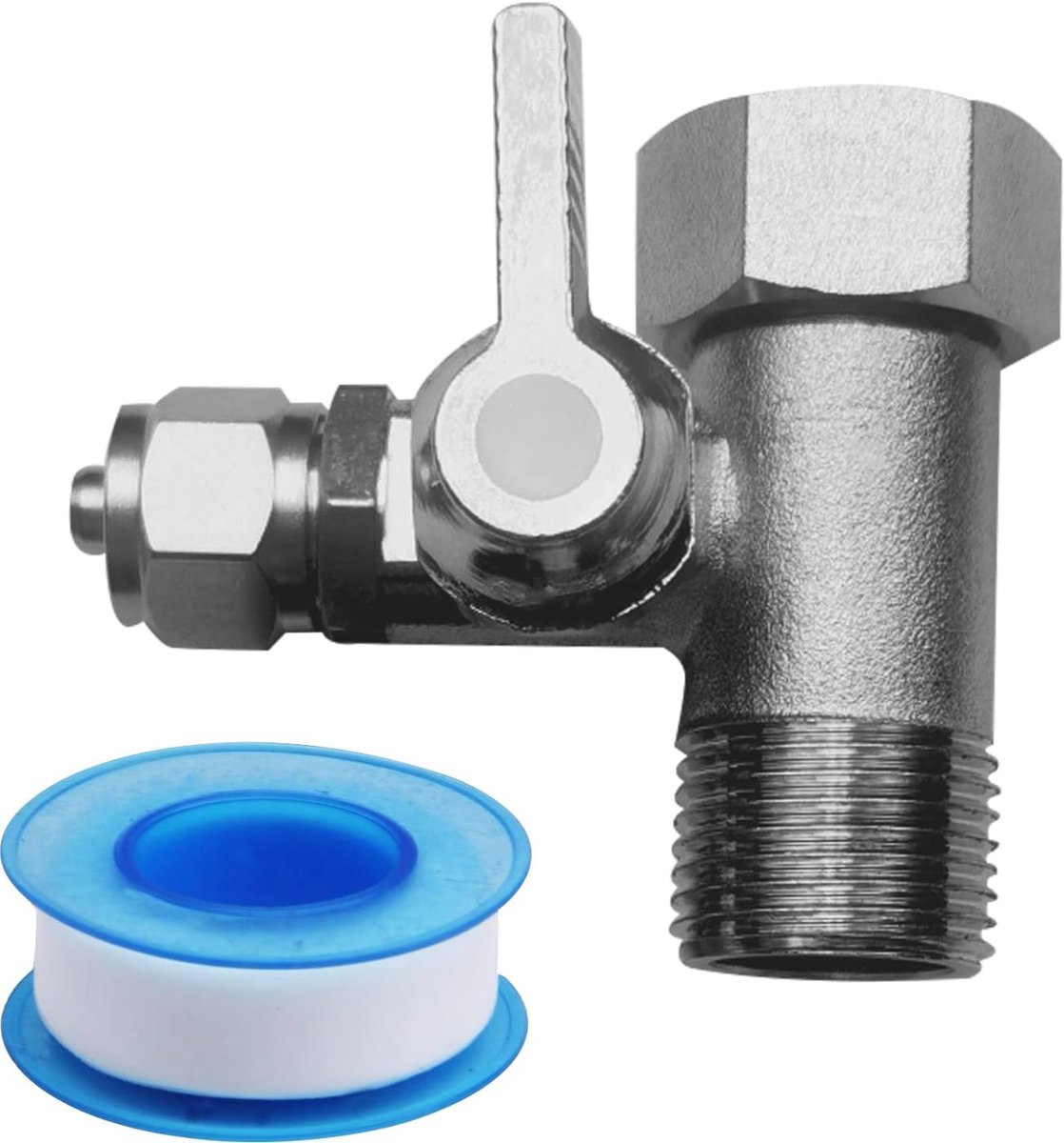 T-stuk Wateraansluiting Adapter 3/8x3/8x1/4" met Afsluitventiel, PTFE Afdichtband voor 2 Apparaten, Koperen Slang