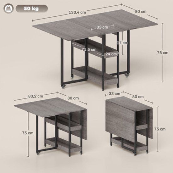 Uitklapbare Eettafel - Inklapbare Tafel - Opvouwbare Tafel - Vouwbare Keukentafel - Ruimtebesparende Tafel - Voor 2-4 Personen - Verrijdbaar Met Vergrendeling - Melamine, Stevig & Makkelijk Schoon — afbeelding 2