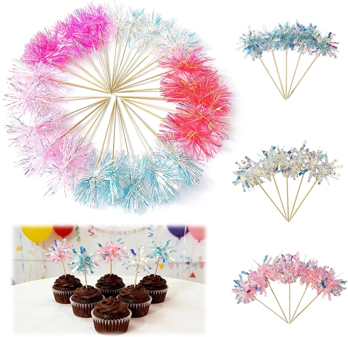 40 stuks cocktailspiesen, kleurrijke vuurwerk, taartdecoratie voor