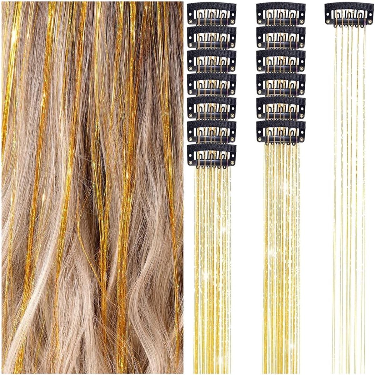 6 stuks haarlokken, lametta clips, glitter-haarstrengen, lametta