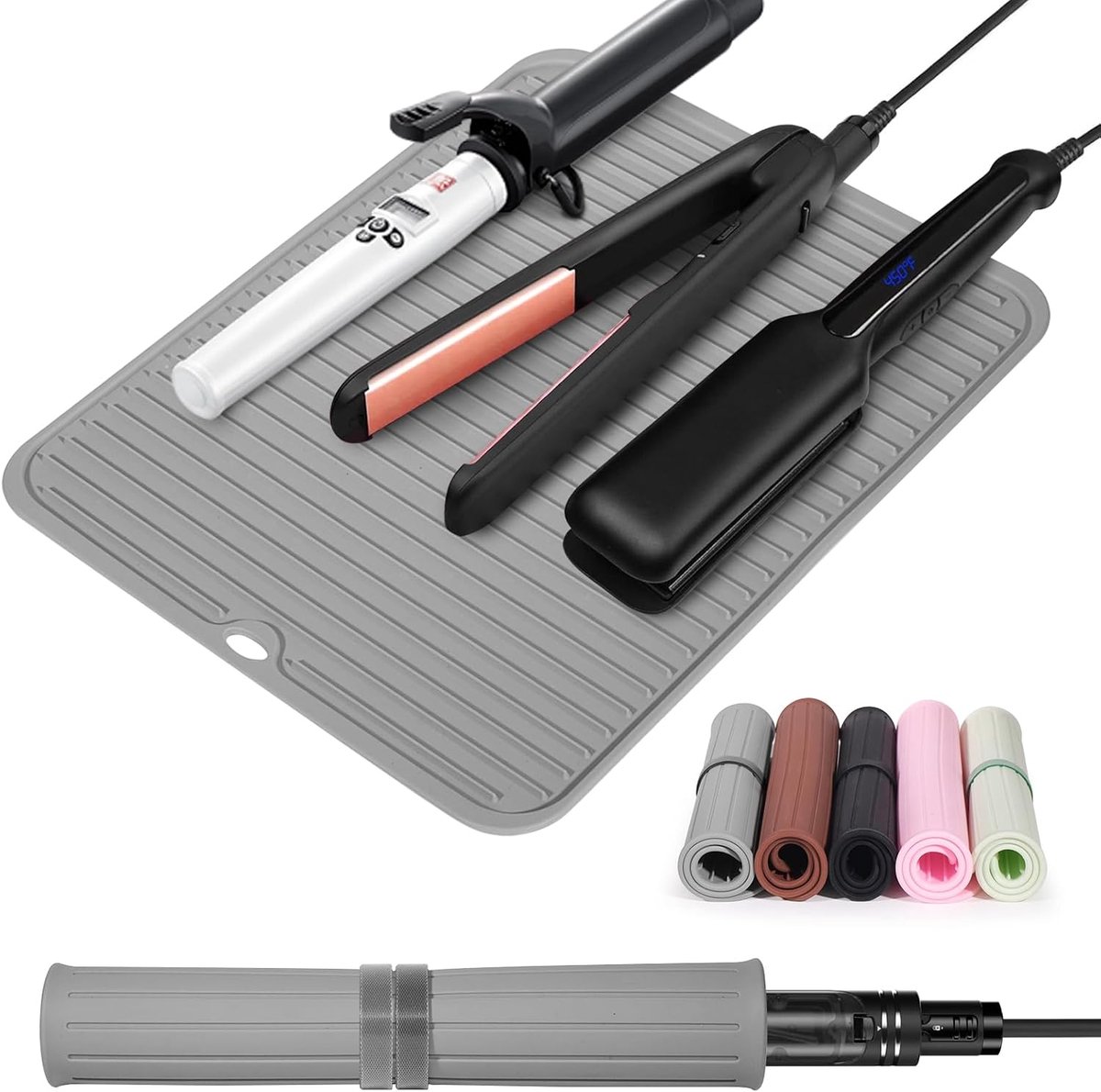 mat, grote mat voor hete haargereedschappen van siliconen, voor krulspelden, stijltang, draagbare mat voor haarstyling-gereedschap (Grijs)