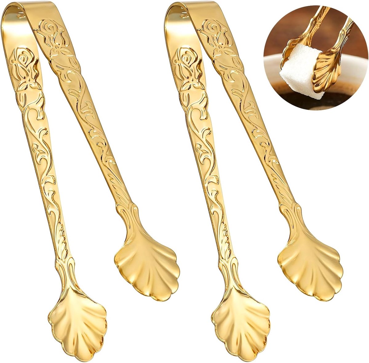 Suikertang, goudkleurig, klein, 9,5 cm lang, vintage rozen-tang, candybar, roestvrij staal, voor bruiloften, feesten, restaurants, cafés en bars, 2 stuks
