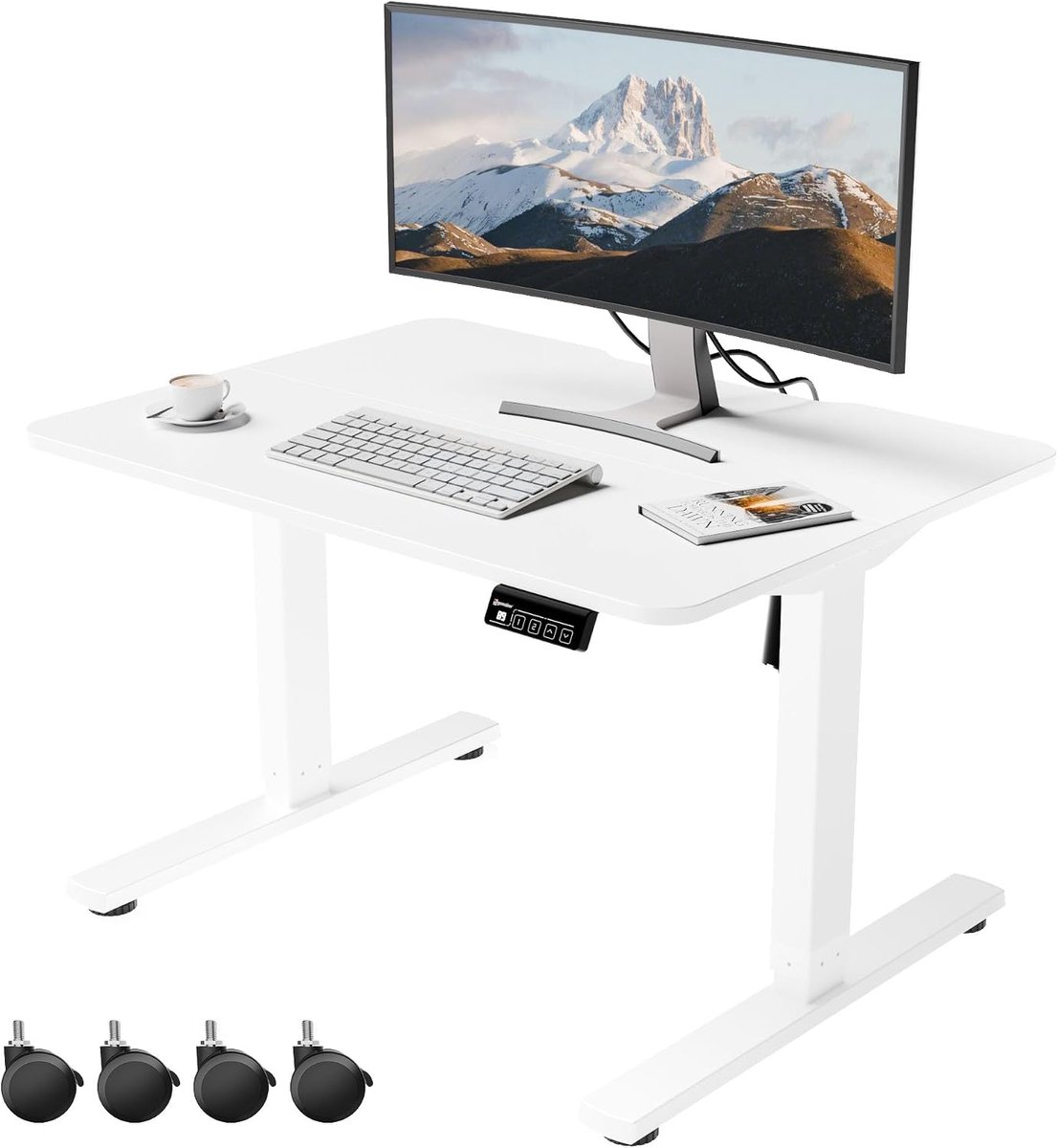 SnelShoppen - Ergonomische Zit-Sta Bureau 80x60cm, Hoogte Verstelbaar van 48-75cm, Bureau met Wielen en Haken, Geheugenfunctie voor Thuiswerken, Wit