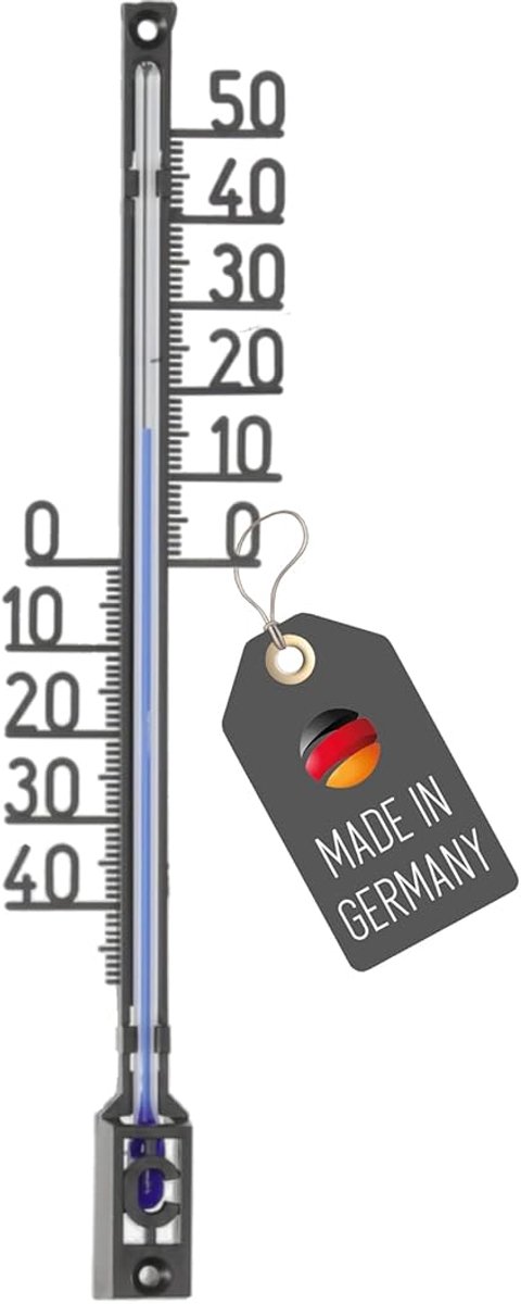Buitenthermometer, 16 cm, temperatuurweergave van -40 °C tot 50 °C, analoog, kunststof thermometer in zwart, ook voor binnen en buiten, tuin, om op te hangen, tuinthermometer