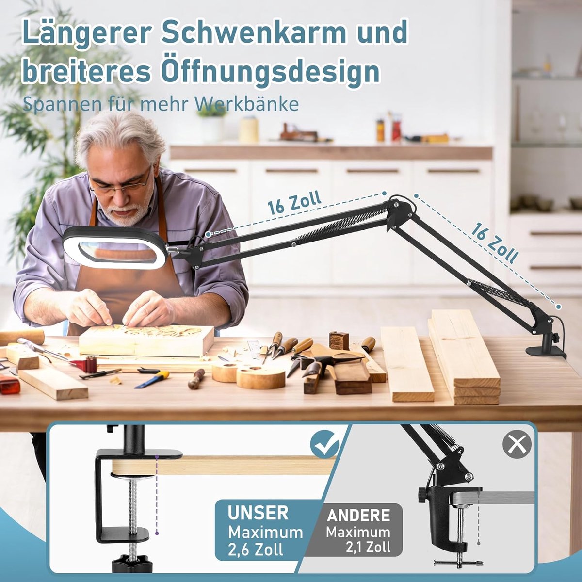 Rechthoekige loep van echt glas, 10 stuks, met licht en klem, 5 kleurmodi, traploos dimmen, 2 x 40 cm grote draaibare arm, led-loeplamp, handsfree, tafelloep met verlichting voor lezen en