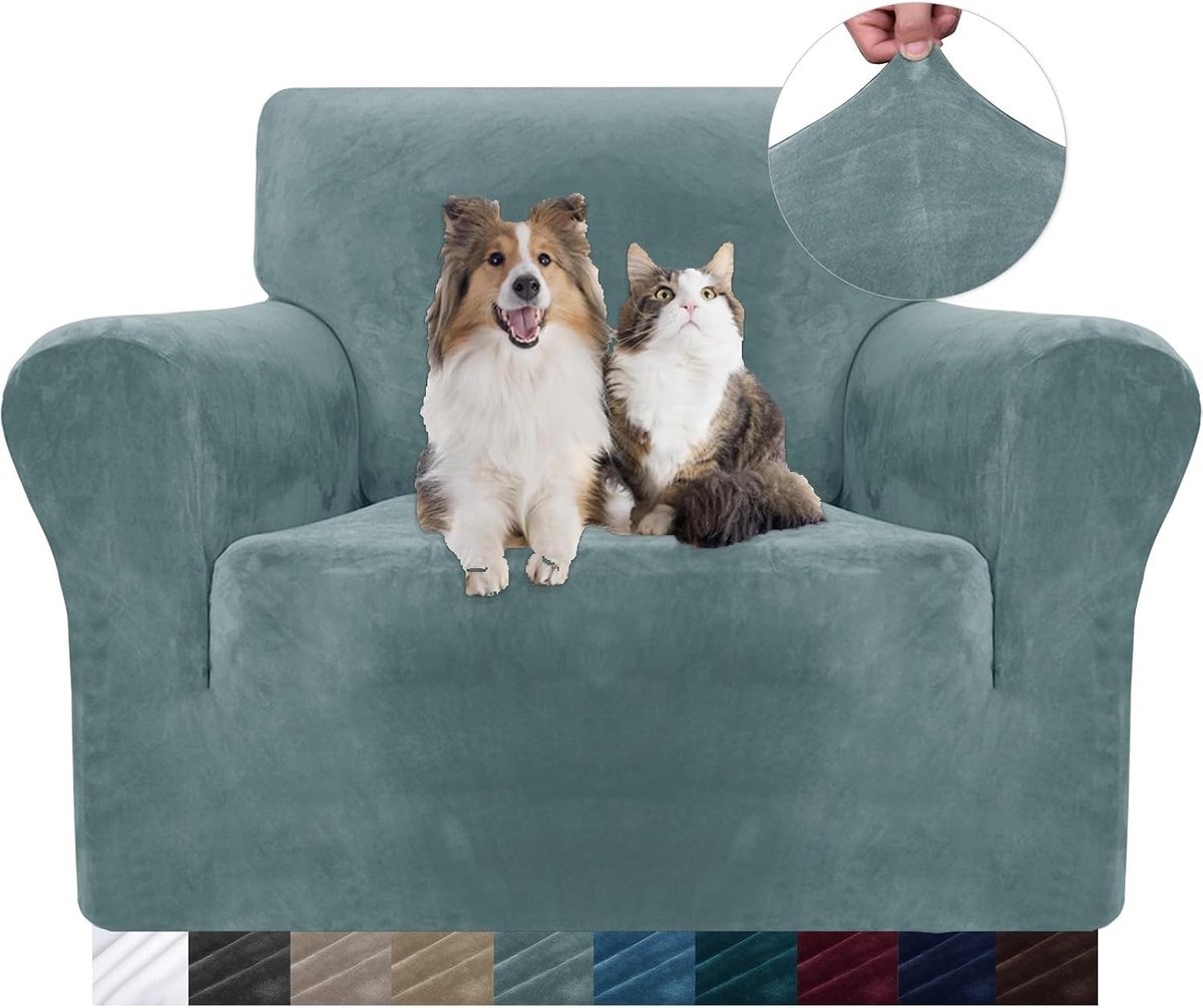 Verstelbare Velours Bankhoes voor 1 Zitting, Universele Stretch Sofa Cover met Armleuningen, Beschermhoes voor Huisdieren in Grijsblauw