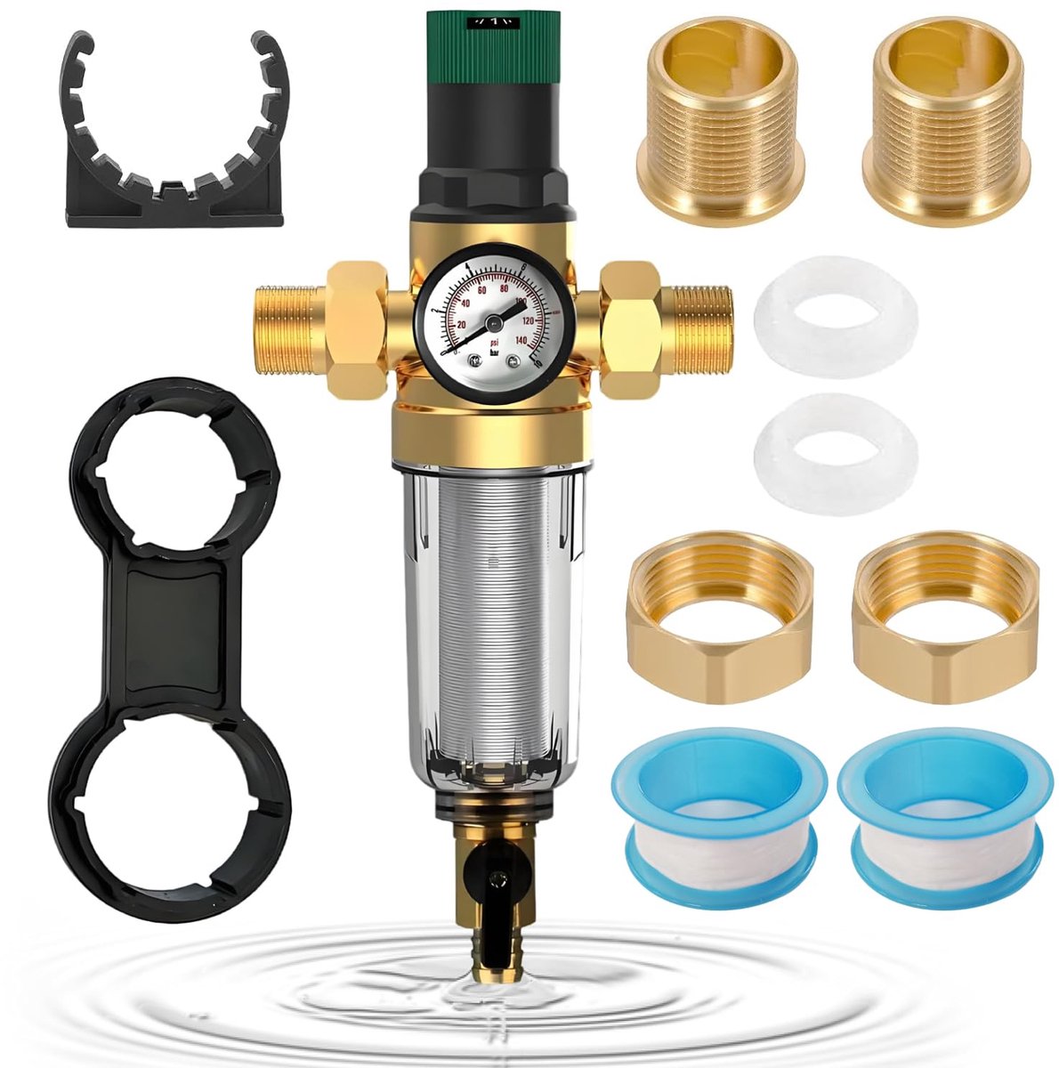 SnelShoppen - Drukregelaar Water 3/4 Inch met Terugspoelfilter en Manometer voor Perslucht, Waterdruk en Waterafscheider, Geschikt voor Huiswaterfilte