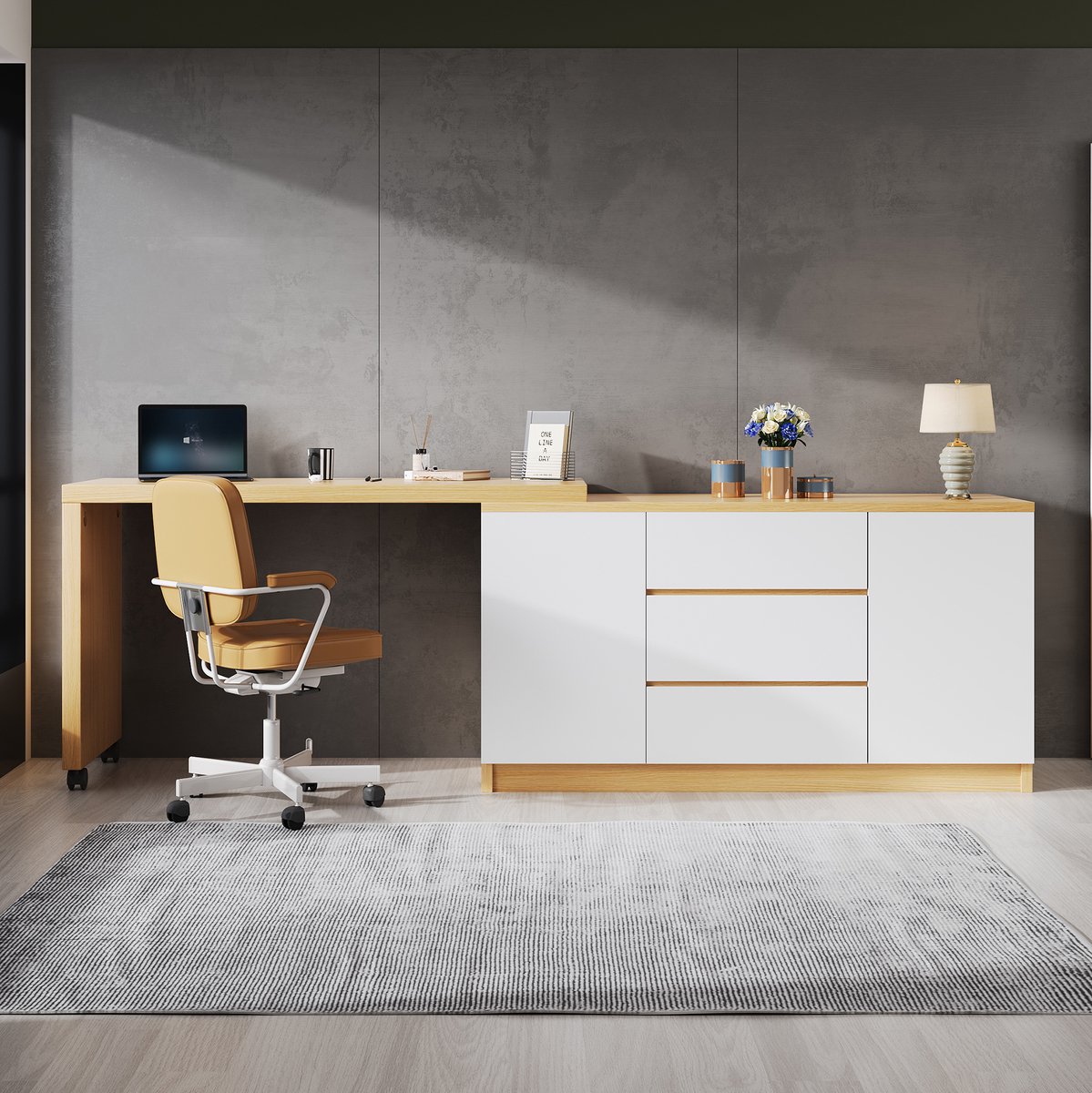 Bureau met bevestigbare wielen - 4 cm dik draaibaar werkblad - inklapbaar bureau - hoekbureau - zijkast - wit en eiken