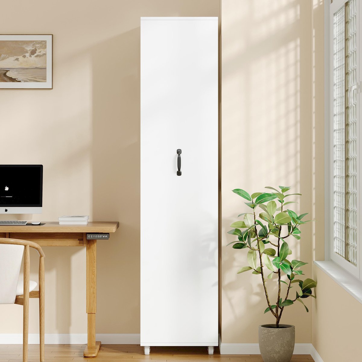 Merax Smalle boekenplank 40x30x160 cm - hoge staande opbergrek - met wieltjes en reling - keukenkast - badkamerrek - wit