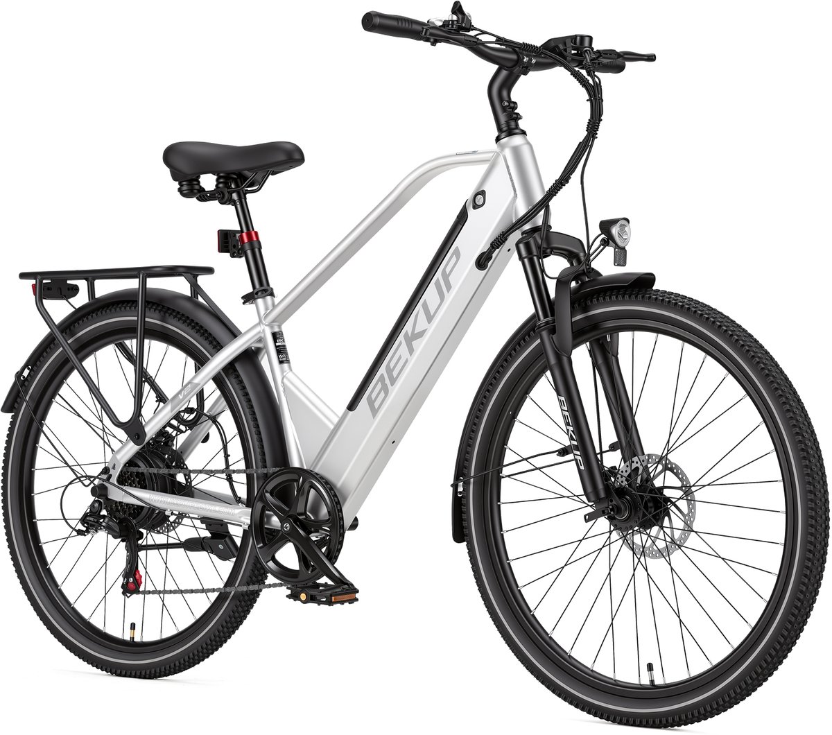 Elektrische stadsfiets - 26 inch frame met hoge instap - 36V 14,5Ah accu met lange actieradius - 250W achterwielmotor - 45Nm koppel - Shimano 7 versnellingen - Voor- en achter schijfremmen - LCD-display - Zilverwit
