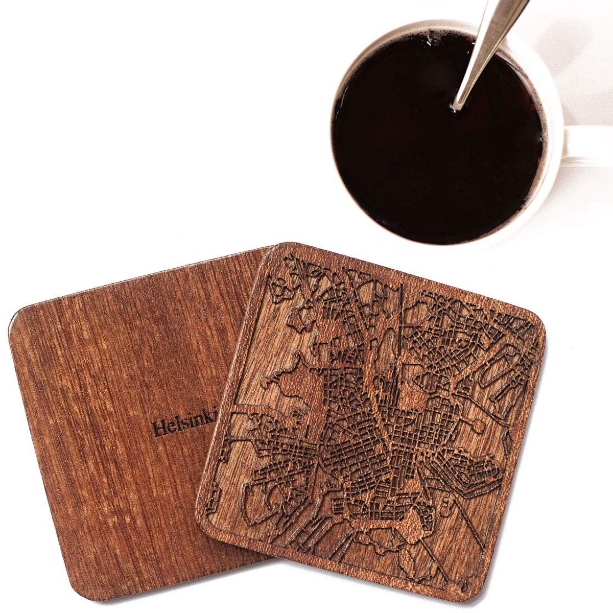 Omgoods - Helsinki Map Coaster Set van 4 - Handgemaakte Houten Onderzetters met Stadsplattegrond