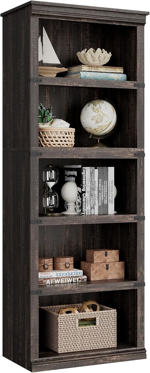 Houten Boekenkast met 5 Vakken - Landelijke Vakkenkast - Open Opbergkast Rustiek - Boekenrek met Massief Houten Frame - Met Anti-omvalbeveiliging - 60x32x171 cm - donker kersenrood