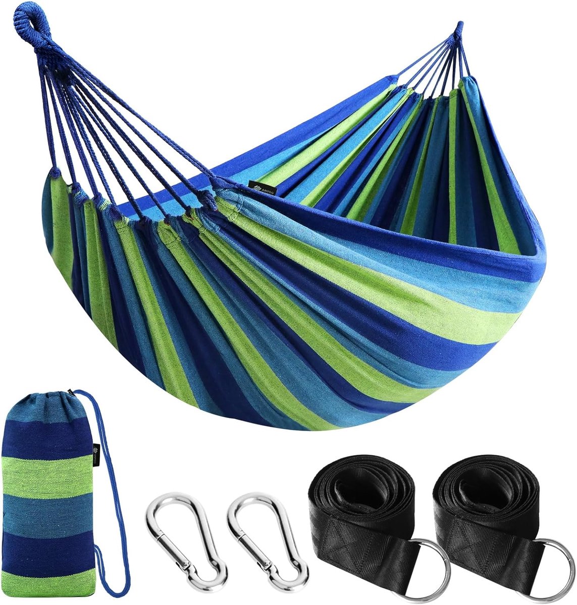 SnelShoppen - Anyoo Outdoor Katoenen Hangmat Multiples 210 x 150 cm, Draagvermogen tot 200 kg, Draagbare Hangmat met Draagtas voor Patio, Tuin, Campin