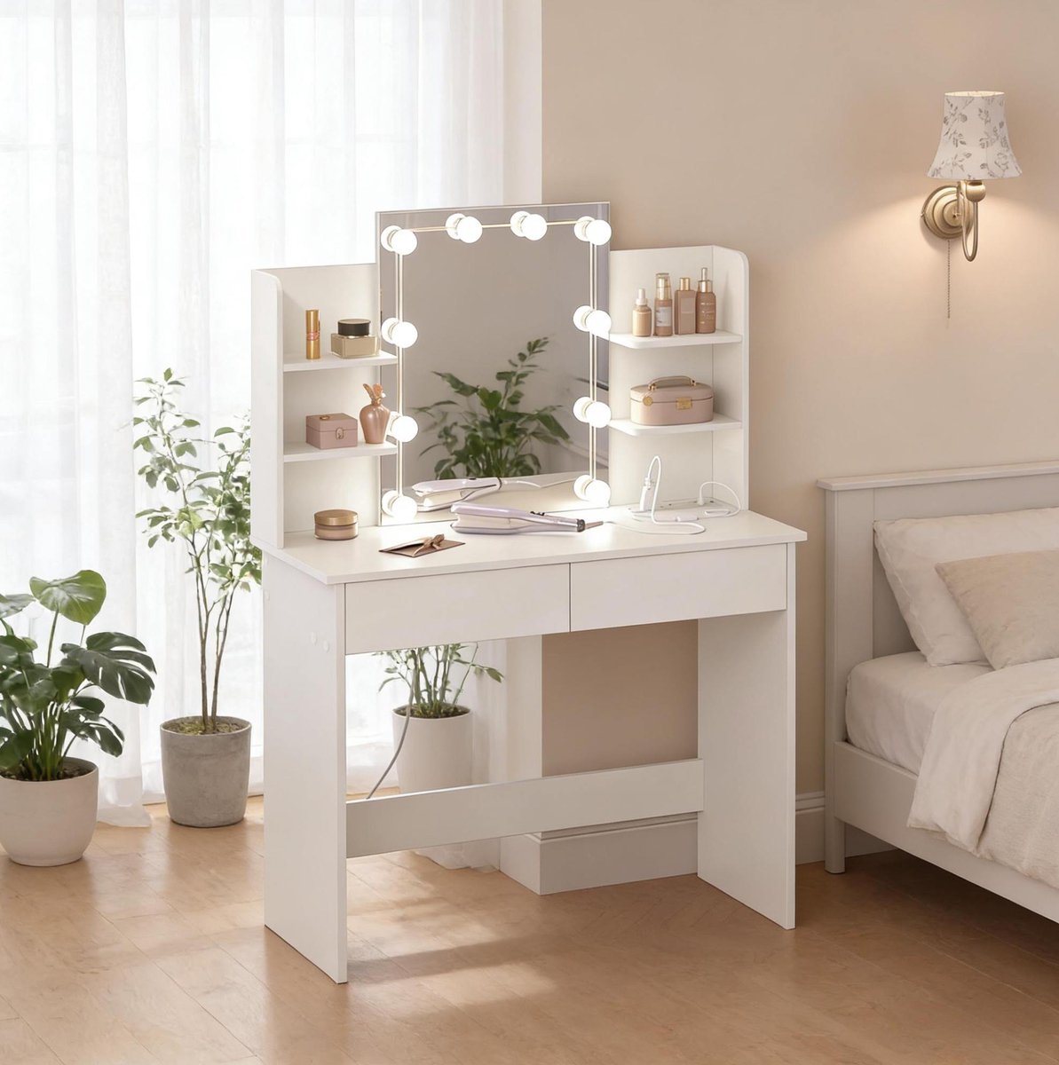 COVREO Kaptafel 90 x 135 x 40 cm wit, van houtpanelen met 2 lades