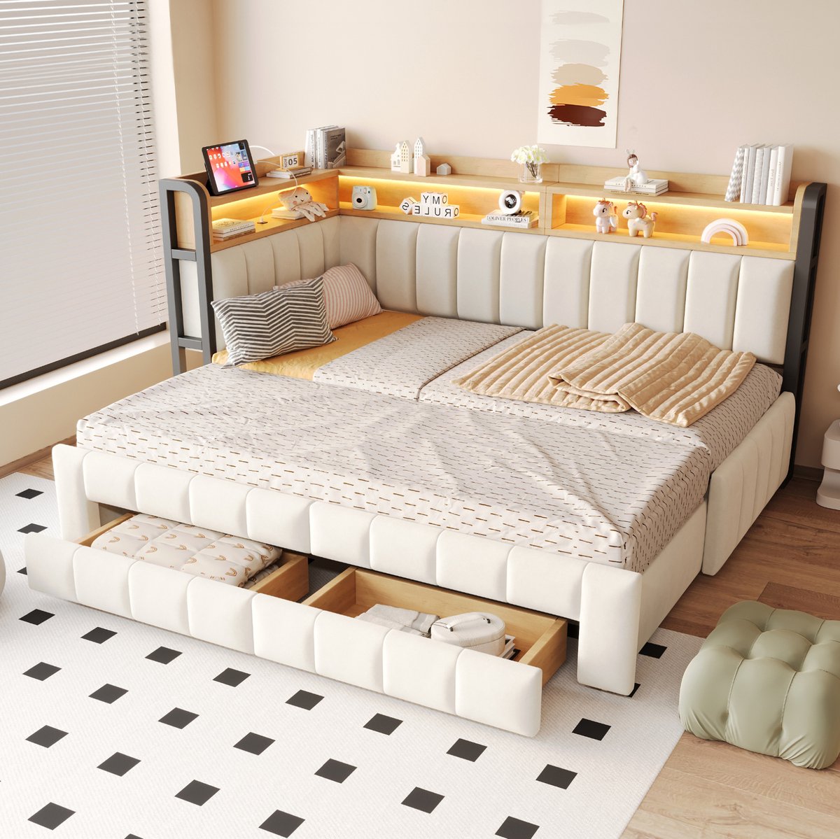 MIVRAY Slaapbank 90x200 cm Met Uitklapfunctie Zonder Matras Opberglades Opbergvakken Ledverlichting Usb Type C Velvet Beige