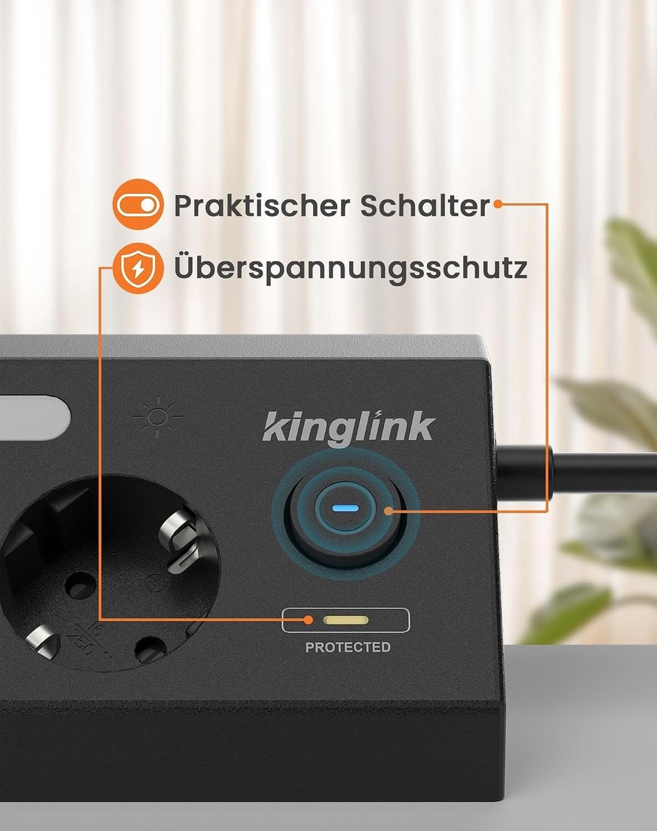 Stopcontact met USB C - Zwart - 1,8 m - Met Overspanningsbeveiliging en Led-nachtlampje - Voor Keuken en Kantoor