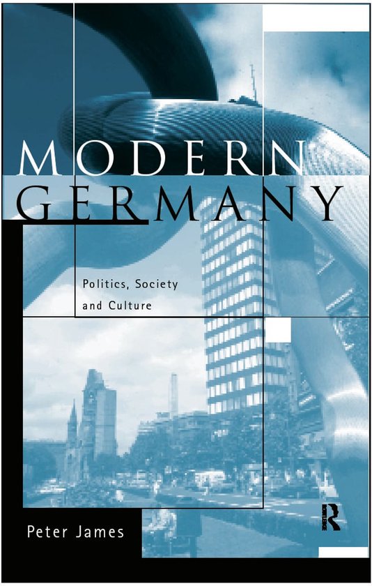 Couverture du livre 'Modern Germany' de Peter James avec une photo de ville bleue et une sculpture métallique abstraite.