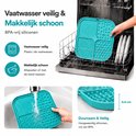Blauwe likmat wordt in de vaatwasser geplaatst. BPA-vrij siliconen, 0,5 cm dik.
