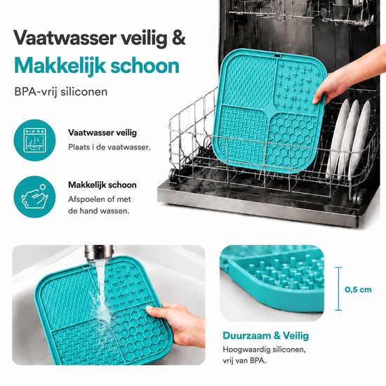 Blauwe likmat wordt in de vaatwasser geplaatst. BPA-vrij siliconen, 0,5 cm dik.
