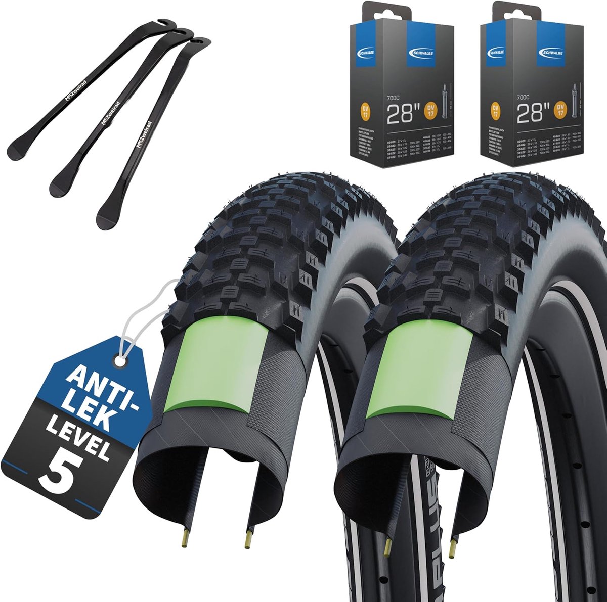 SnelShoppen - Fietsbanden Set van 2 28 Inch x 1.60 Inch (42-622) met Ventielen AV/DV/SV + 3 MSZweirad Bandenheffers
