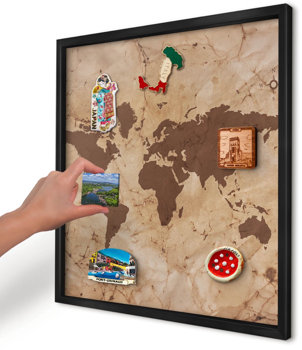 Artprintcave Bruin Magneetbord mit Zwart Frame - 50x50 cm - Wereldkaart Magneetbord Voor Keuken - Vintage Magneet Bord mit Frame - Kaarten