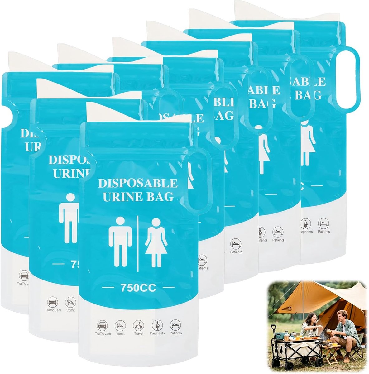 8 stuks wegwerp-urinezakjes 750 ml, draagbare urinoirs met handvat, multifunctionele lekvrije zakken voor volwassenen en kinderen, ideaal voor reizen, kamperen, verkeersopstopping