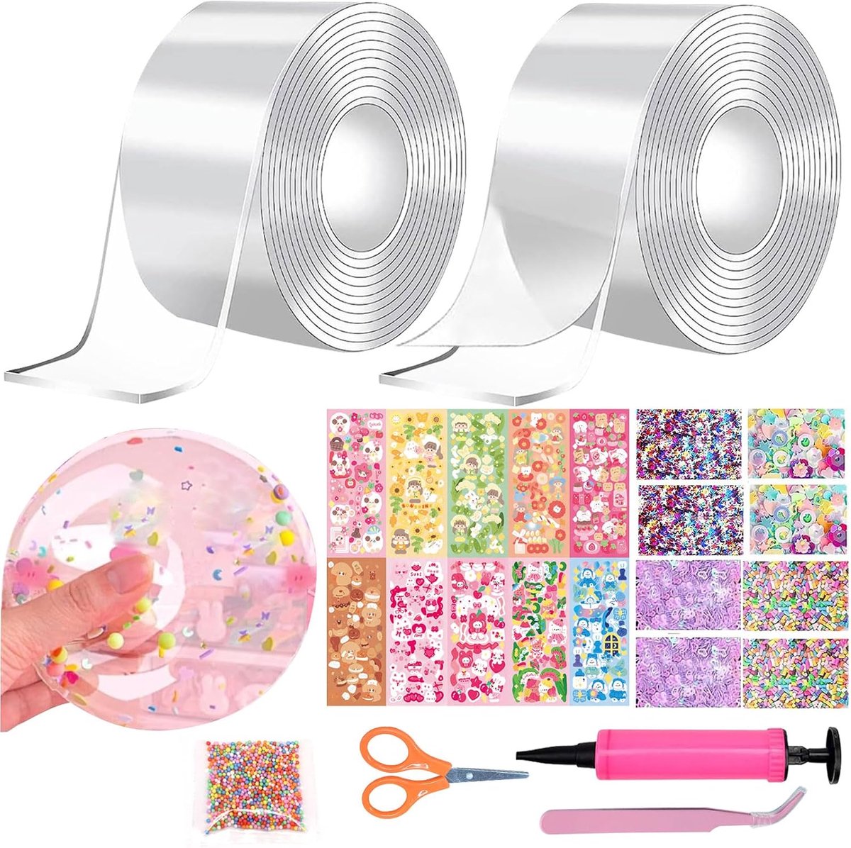 Tape Bubbles Kit voor Kinderen, Nano Tape Bubbles Set, Glitterpoeder, Multifunctioneel, Transparant, Knutselen, Decompressie en Luchtbellen (A)