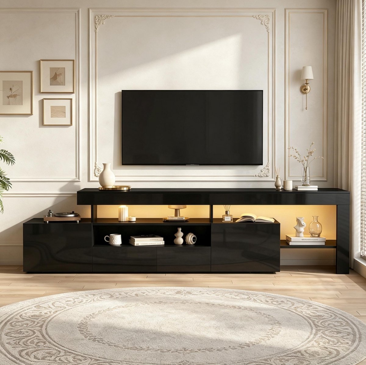 MIVRAY Tv Meubel - Hoogglans Zwart Met Led Verlichting En 3 Kleppen - Voor Woonkamer En Tv Hoek - Spaanplaat - 192 Cm