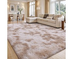 smiry Salonvloerkleed met lange haren voor slaapkamer, wasbaar in de wasmachine, antislip, zacht, pluizig en gekleurd door knopen, voor jongens en meisjes, kinderkamer, 200 x 280 cm, beige