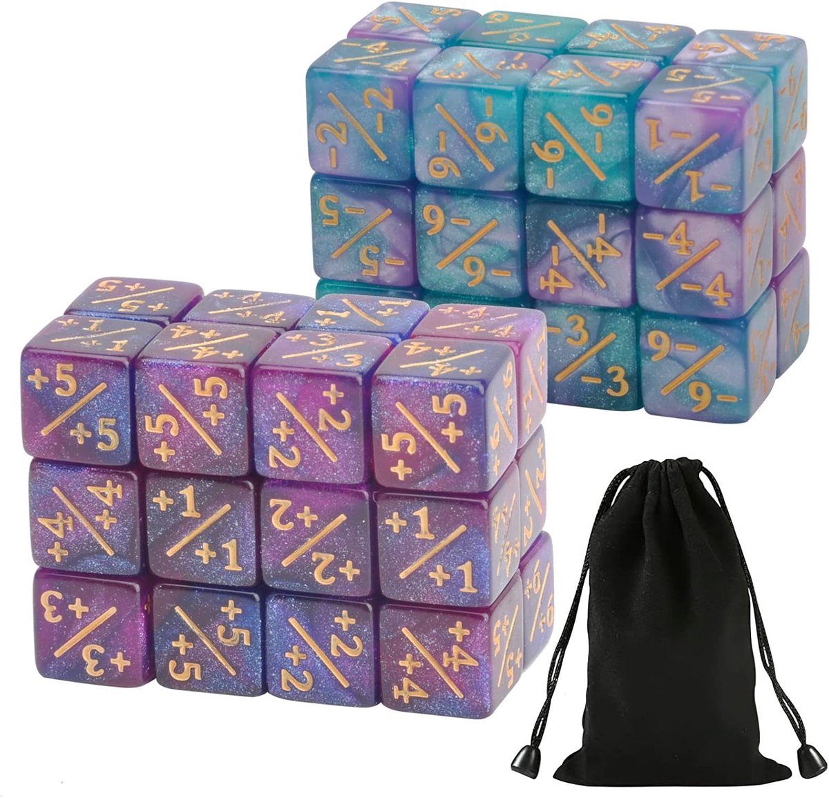 48 stuks acryl D6 dobbelstenen teller met opbergtas, grote zeshoekige houder, wit en zwart, compatibel met MTG, CCG, kaartspelaccessoires