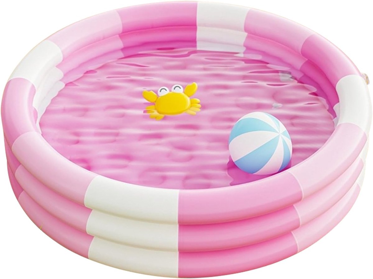 kinderzwembad met vintage strepen, babyzwembad met 3 ringen, met opblaasbare veiligheidsbubbelbodem, voor binnen en buiten, meisjes, jongens, tuin, achtertuin (roze)