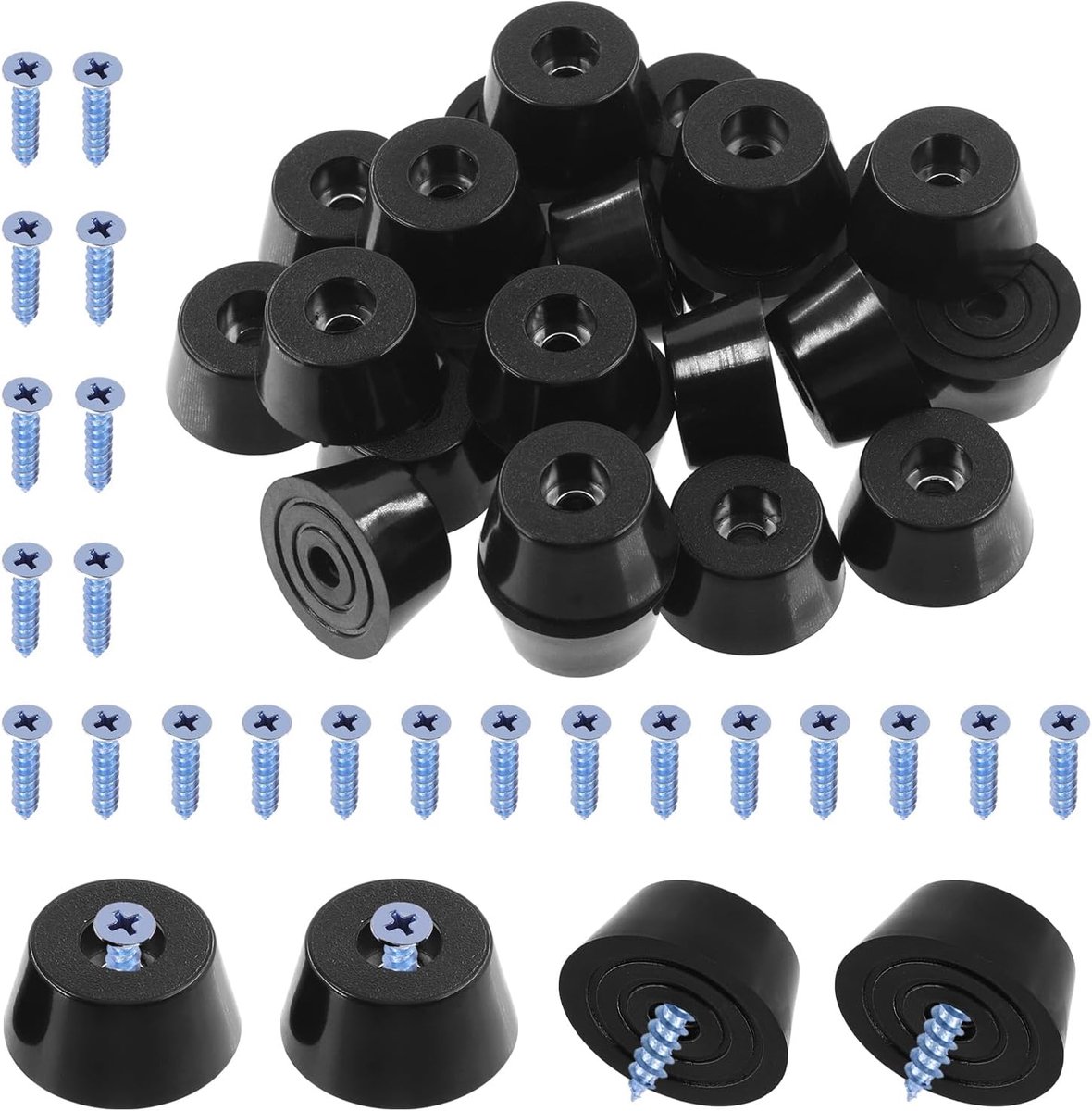 24 stuks 1,18 x 0,86 x 0,59 inch meubelpads zwarte ronde rubberen voetpads met 25 stuks M5 × 25 mm schroeven, ronde antislip zwarte rubberen bumpers pads voor snijplank, meubels, apparaten