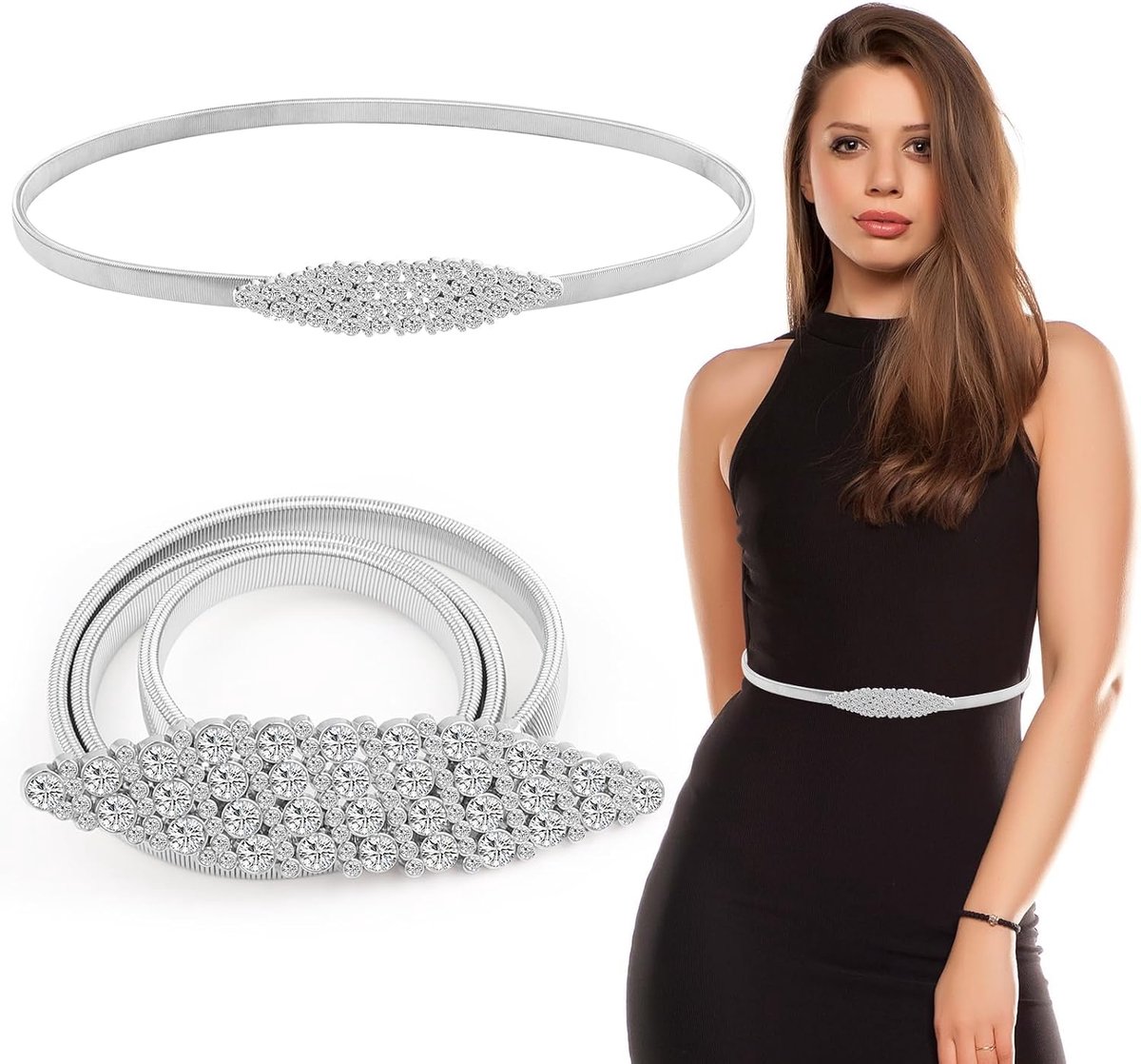 Riem dames tailleriem strass kristal zilver, elastische kettingriem