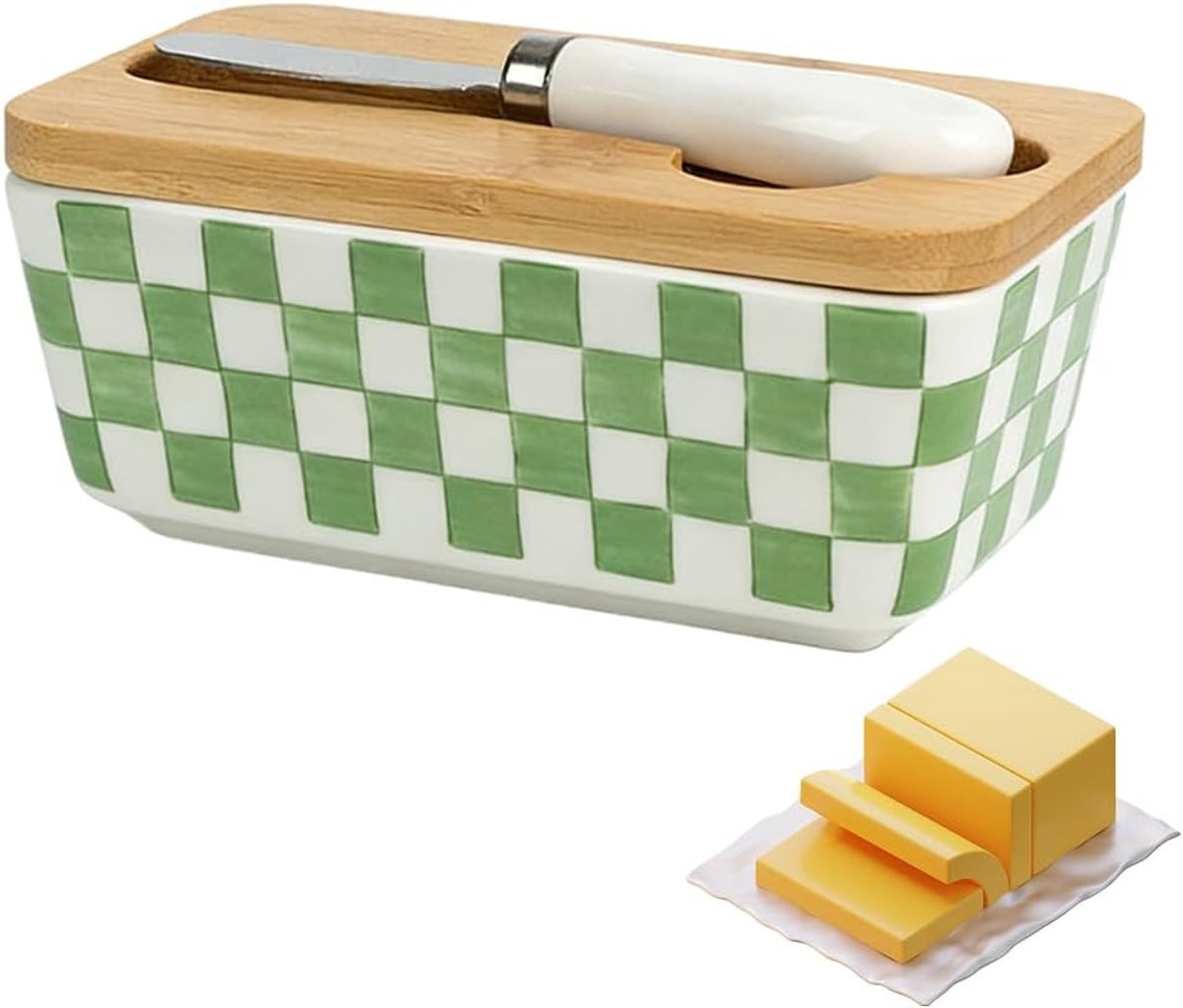 Botervloot van keramiek met houten deksel en botermes, grote