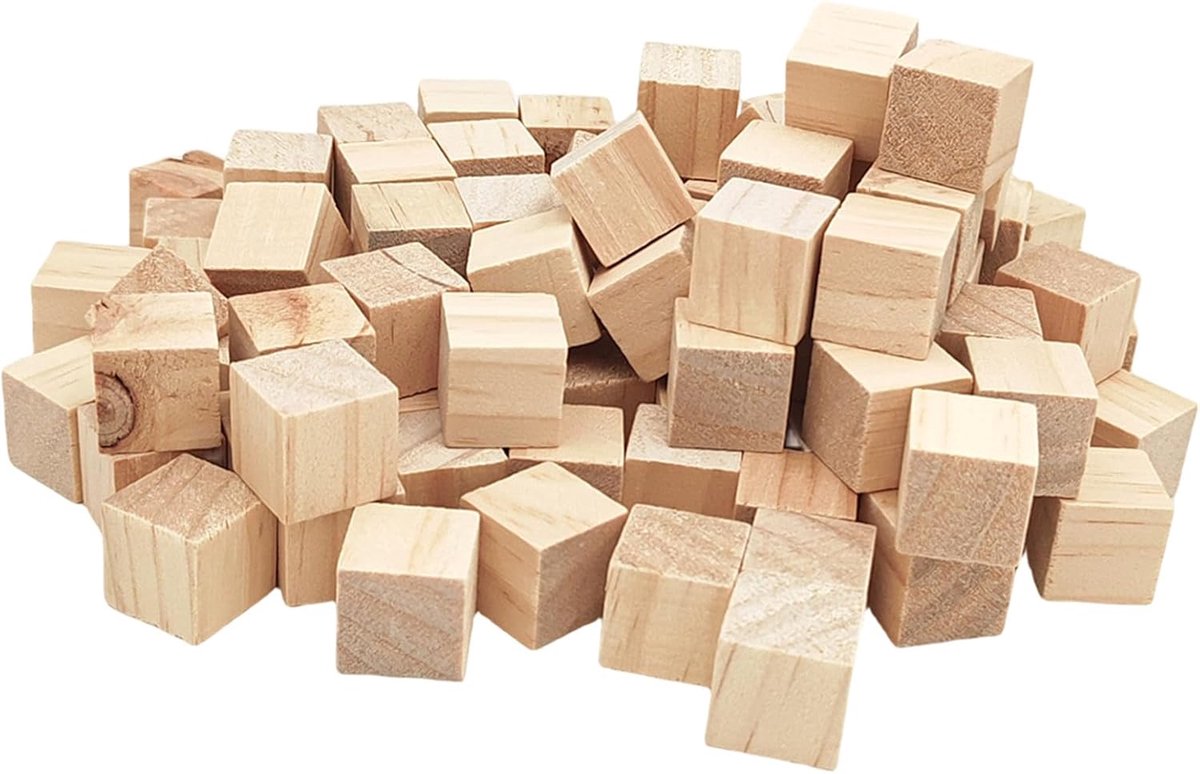 Houten kubussen 2 cm/100 stuks, onafgewerkte vierkante houten blokken