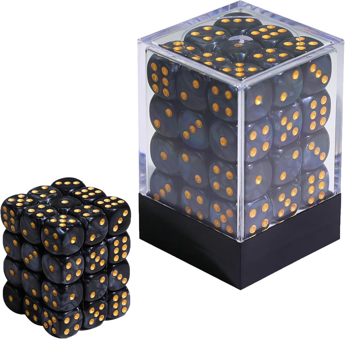 36-delige 12mm Dobbelstenen Set met Afgeronde Hoeken en Doos – 6-zijdige Mini Dobbelstenen in Etui – Zwart en Goud voor Spel Verzamelobjecten en Tabletop RPG Accessoires