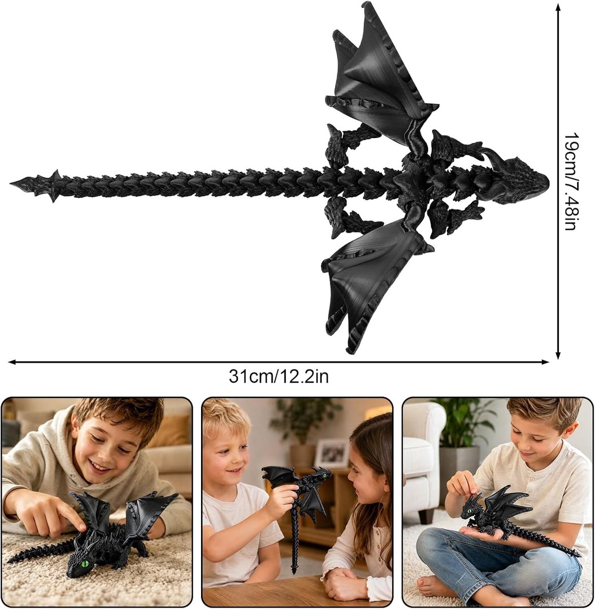 Realistische 3D-gedrukte draak met vleugels, 30 cm flexibel vliegerspeelgoed voor kinderen, verzamelobject en verjaardagscadeau met gewrichten